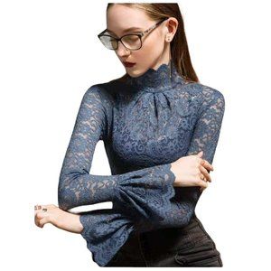 Blue Lace Turtle Neck Blouse Flared Cuffs Women Size 10
